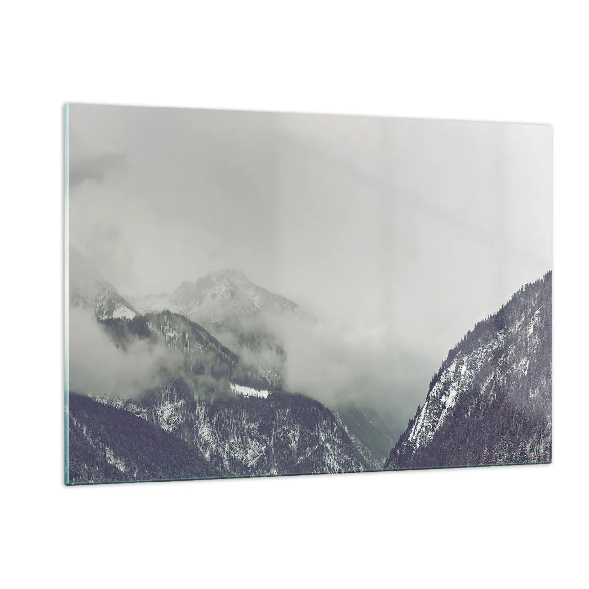 Cuadro sobre vidrio - Impresiones sobre Vidrio - Un valle de montaña en la niebla en tonos grises. - 120x80cm - Valle de la niebla - Decoración de pared moderna para salón y dormitorio ARTTOR