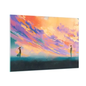 Cuadro sobre vidrio - Impresiones sobre Vidrio - Dos personas con el cielo colorido al atardecer como telón de fondo - 100x70cm - Fuerza de atracción - Decoración de pared moderna para salón y dormitorio ARTTOR