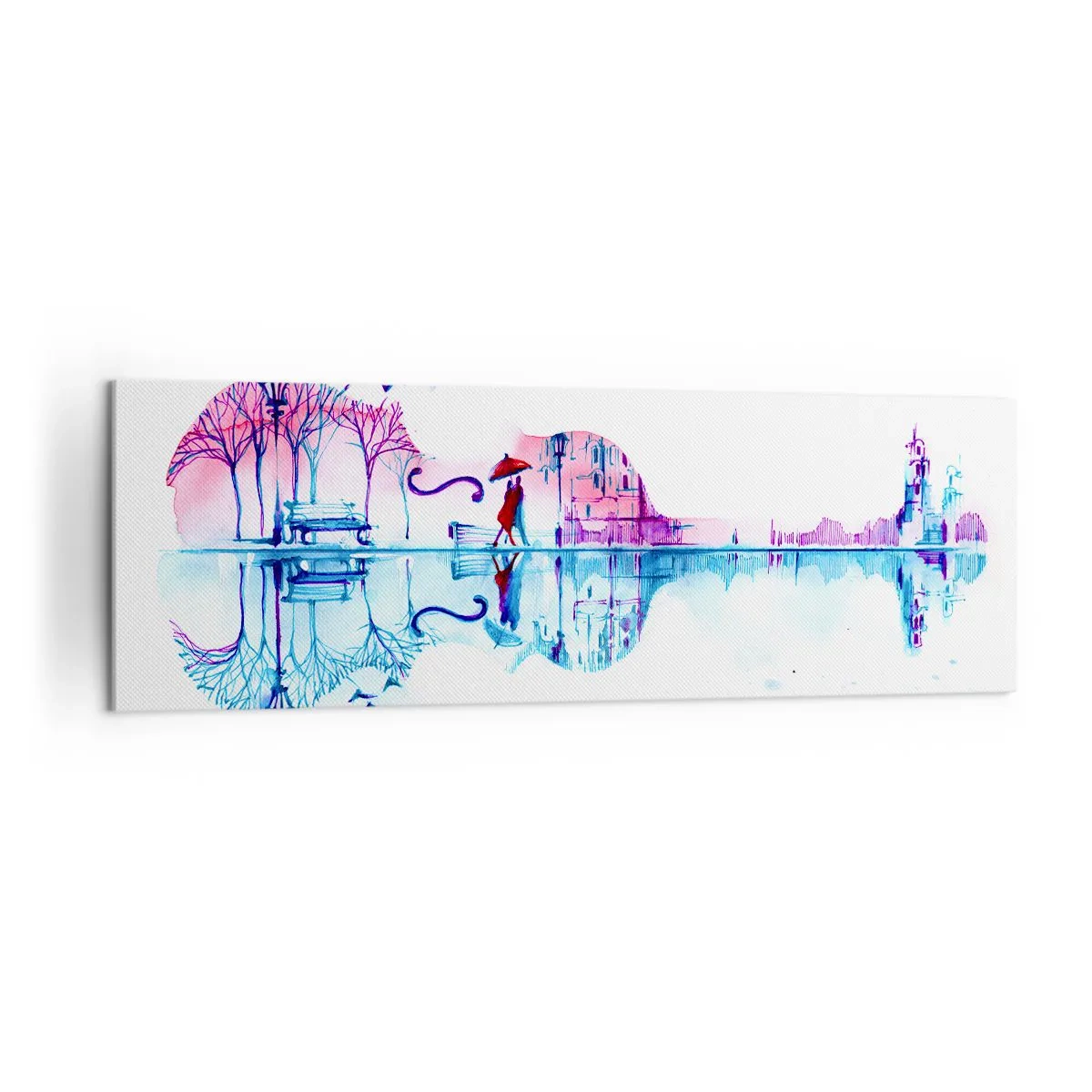 Cuadro sobre lienzo - Impresión de Imagen - Silueta de ciudad en forma de violín en colores de acuarela - 160x50cm - Te traeré cánticos de lluvia - Decoración de pared moderna para salón y dormitorio ARTTOR