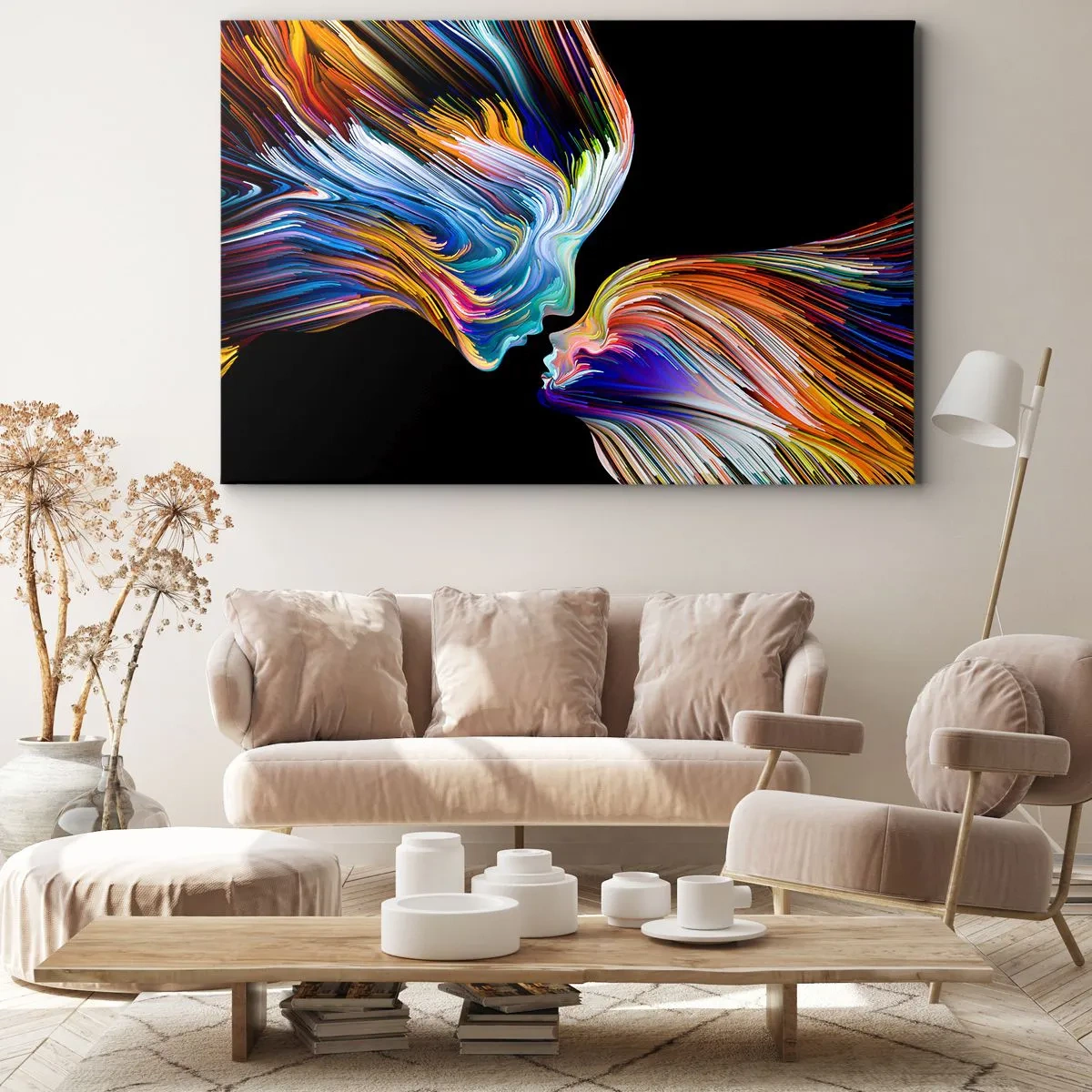 Cuadro sobre lienzo - Impresión de Imagen - Siluetas coloridas de rostros en secuencias dinámicas sobre un fondo negro - 70x50cm - Una fusión de energía y luz - Decoración de pared moderna para salón y dormitorio ARTTOR