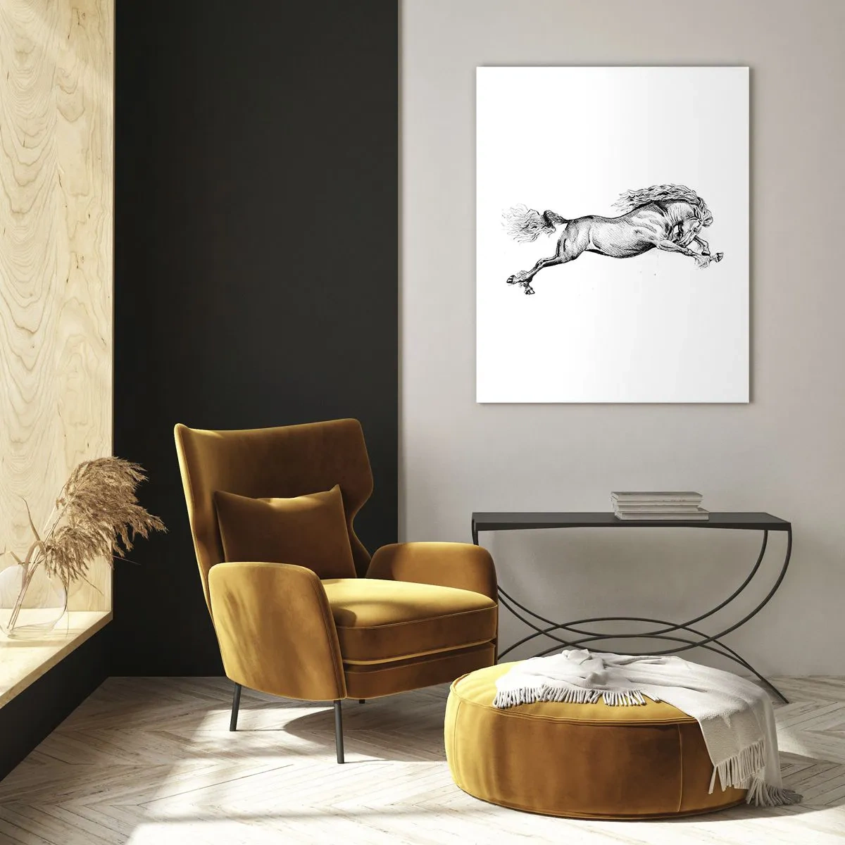 Cuadro sobre vidrio - Impresiones sobre Vidrio - Dibujo en blanco y negro de un caballo al galope. - 50x70cm - Captura al galope - Decoración de pared moderna para salón y dormitorio ARTTOR