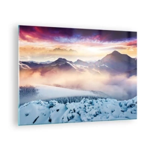 Cuadro sobre vidrio - Impresiones sobre Vidrio - Paisaje invernal de montaña con puesta de sol y niebla - 70x50cm - La fuerza y la pureza de la naturaleza - Decoración de pared moderna para salón y dormitorio ARTTOR