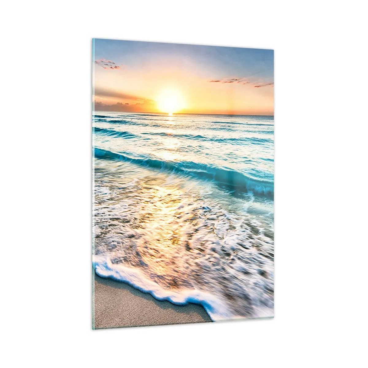 Cuadro sobre vidrio - Impresiones sobre Vidrio - Playa por la mañana con olas y amanecer. - 50x70cm - Un espectáculo digno de ver - Decoración de pared moderna para salón y dormitorio ARTTOR