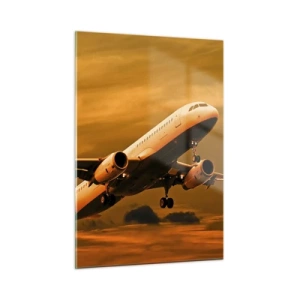 Cuadro sobre vidrio - Impresiones sobre Vidrio - Un avión despegando contra un cielo naranja. - 50x70cm - Vuelo hacia el sol - Decoración de pared moderna para salón y dormitorio ARTTOR