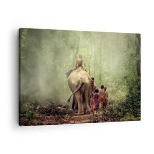 Cuadro sobre lienzo - Impresión de Imagen - Niños con un elefante en un bosque verde a la luz de la mañana. - 70x50cm - El nuevo libro de la selva - Decoración de pared moderna para salón y dormitorio ARTTOR