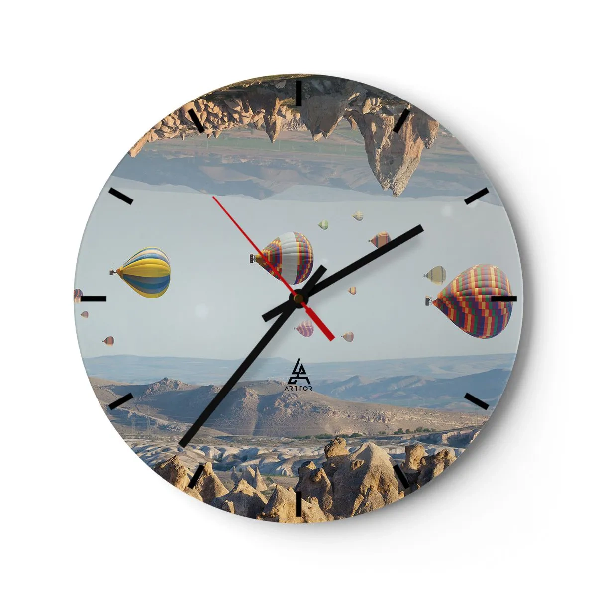 Reloj de pared - Reloj de vidrio - Globos contra un paisaje de montaña - 30x30cm - Aquí todo es posible - Decoración de pared moderna para salón, cocina y dormitorio ARTTOR