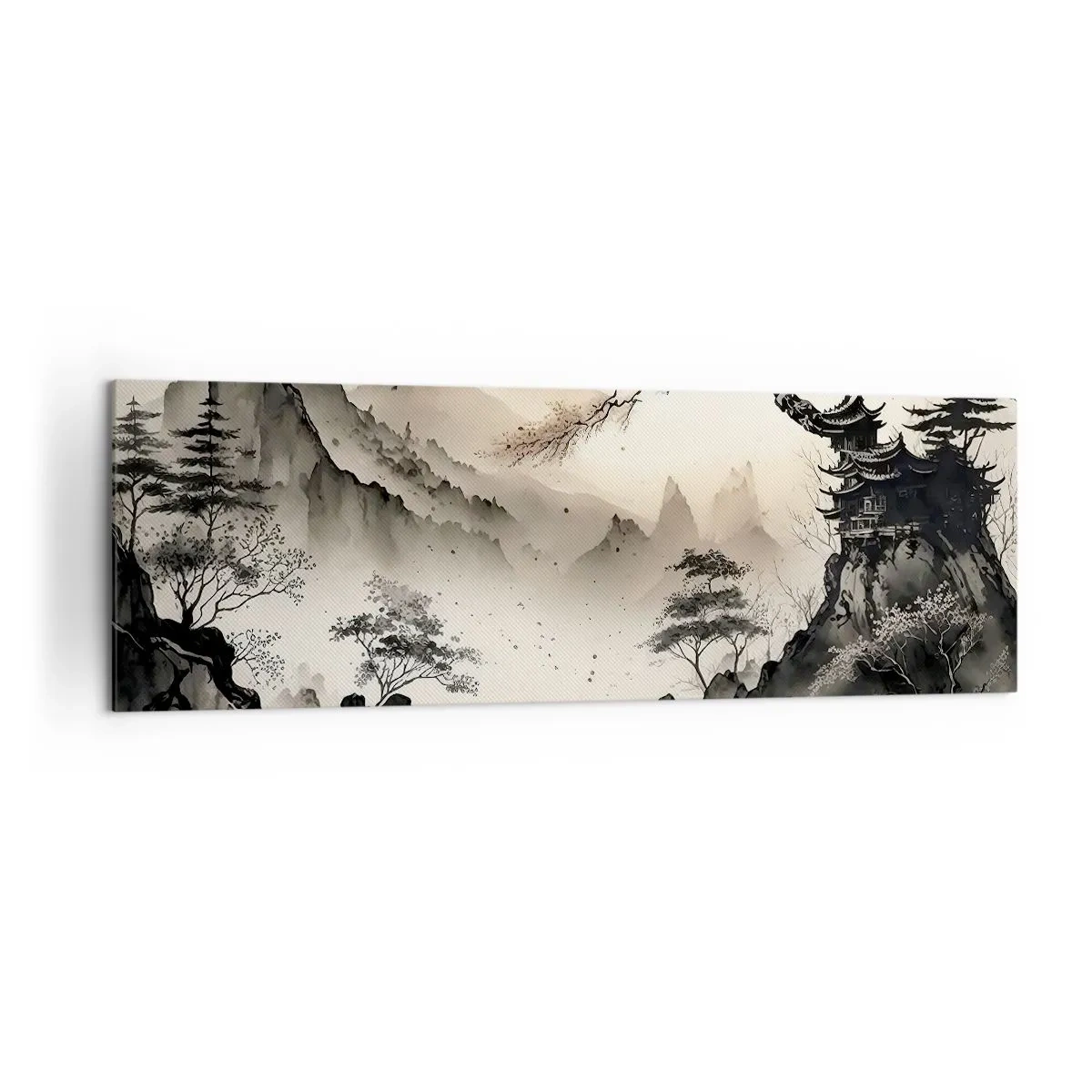 Cuadro sobre lienzo - Impresión de Imagen - Un paisaje oriental con montañas y una pagoda en tonos delicados. - 160x50cm - El encanto único de Oriente - Decoración de pared moderna para salón y dormitorio ARTTOR