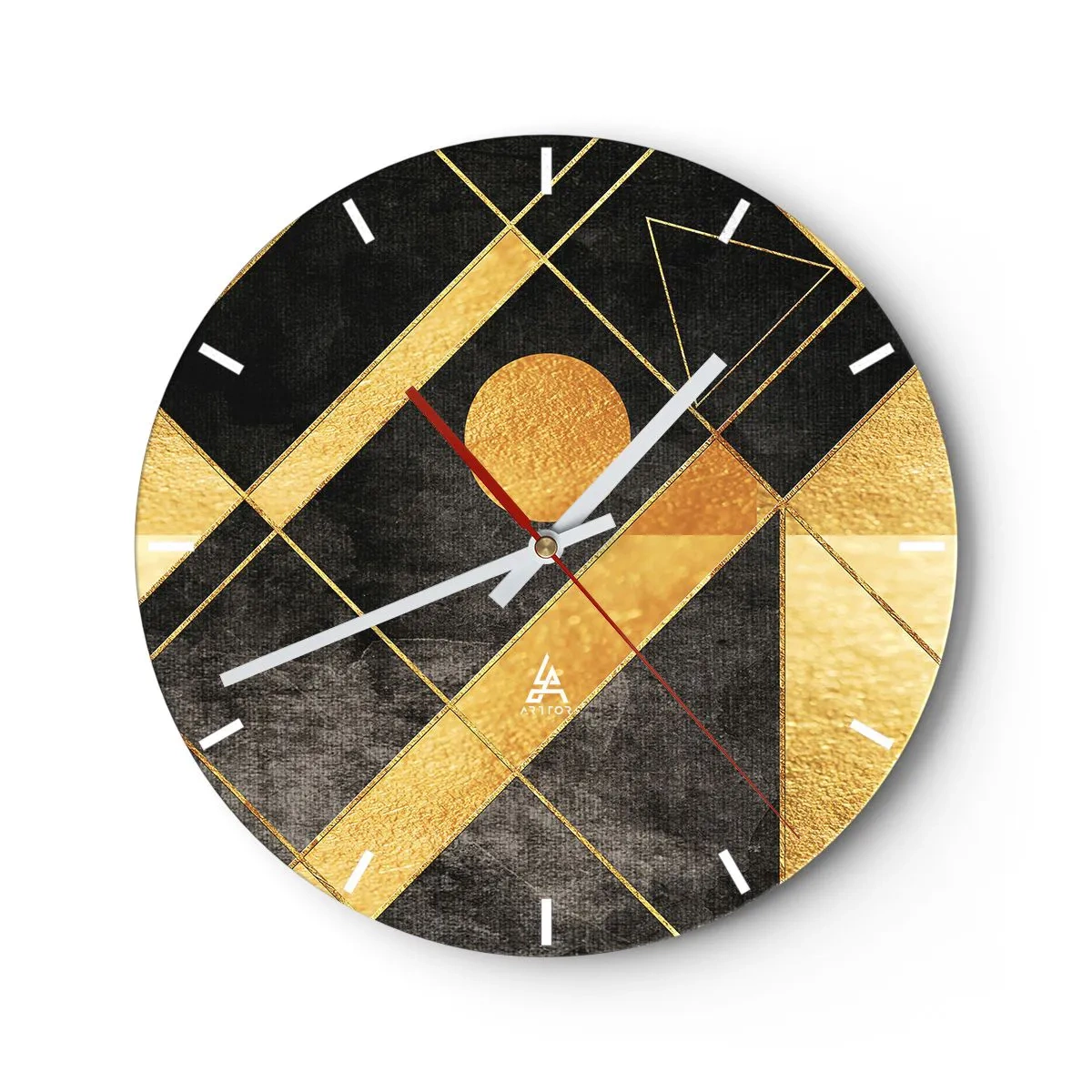 Reloj de pared - Reloj de vidrio - Formas geométricas doradas sobre un fondo negro con un motivo solar. - 30x30cm - Sol del desierto - Decoración de pared moderna para salón, cocina y dormitorio ARTTOR