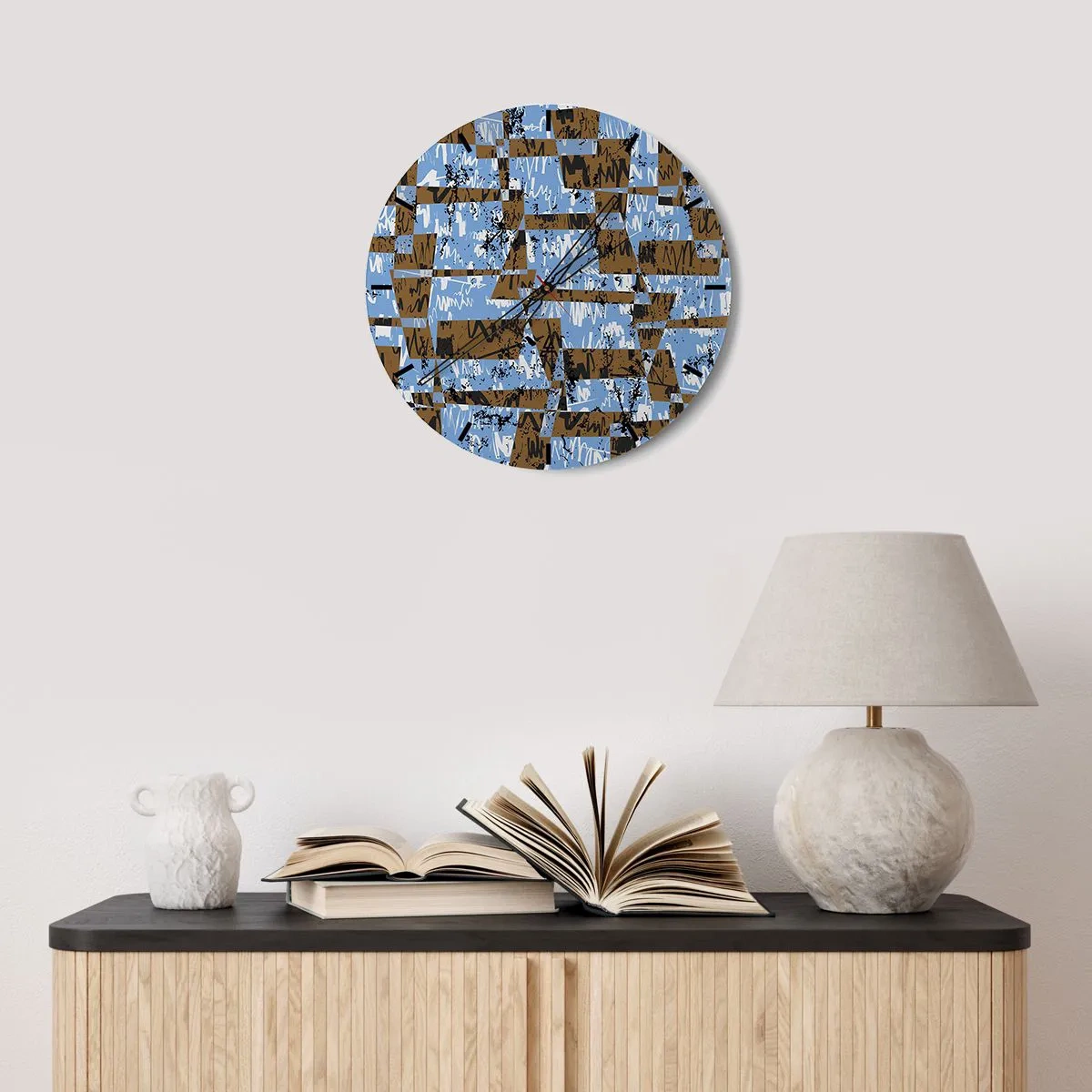 Reloj de pared - Reloj de vidrio - Patrones geométricos en tonos azules y marrones. - 30x30cm - Un recorte del desierto - Decoración de pared moderna para salón, cocina y dormitorio ARTTOR