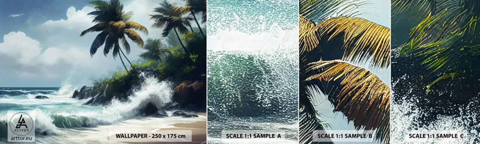 Muestra de fotomural autoadhesivo Deluxe Sticker - En una costa tropical - Playa, Tropical, Palmera - 100x30 cm