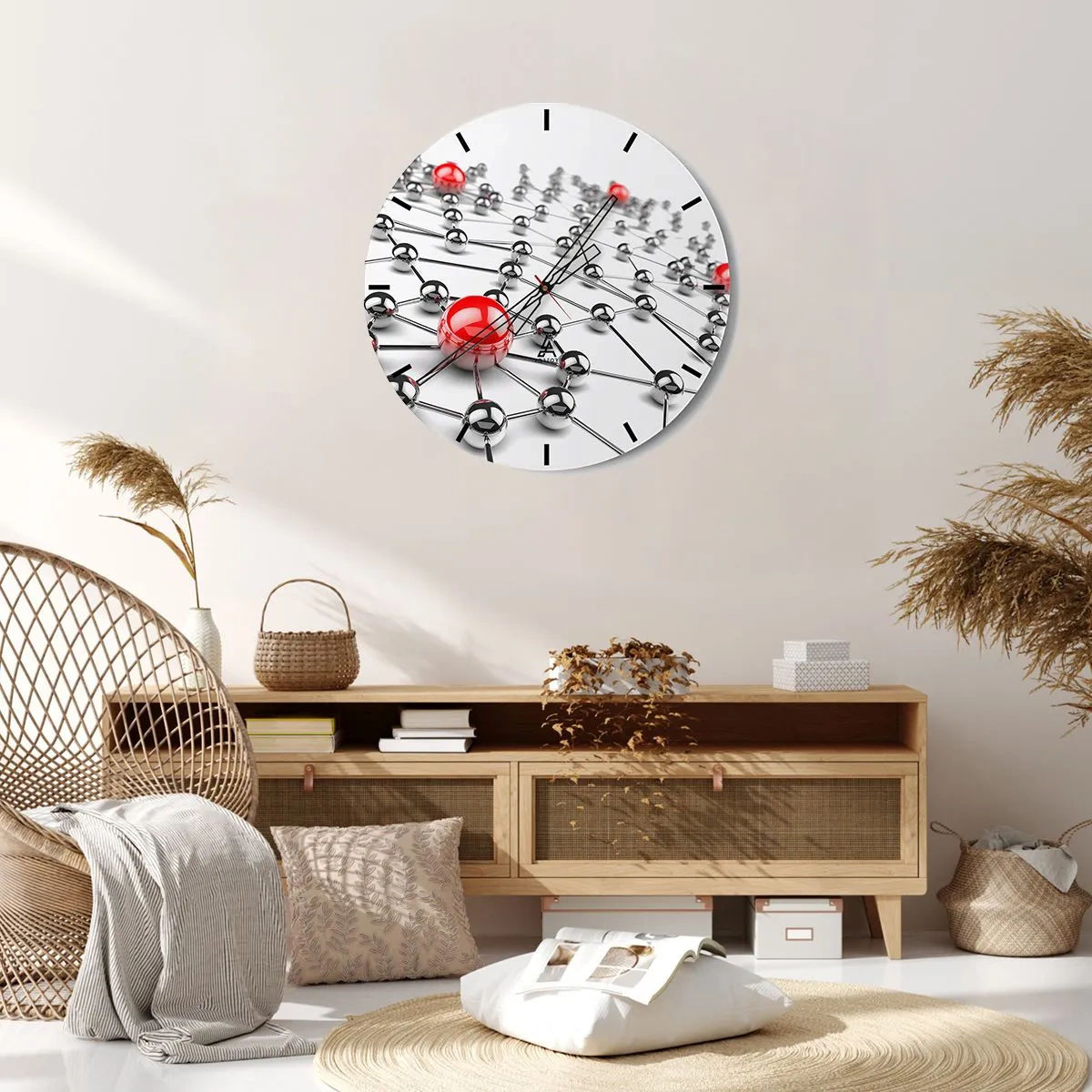 Reloj de pared - Reloj de vidrio - Estructura molecular con acentos rojos sobre fondo blanco. - 30x30cm - Una red plateada - Decoración de pared moderna para salón, cocina y dormitorio ARTTOR