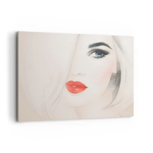 Cuadro sobre lienzo - Impresión de Imagen - Un retrato minimalista de una mujer con ojos azules y labios rojos. - 100x70cm - Hipnotiza y embriaga - Decoración de pared moderna para salón y dormitorio ARTTOR