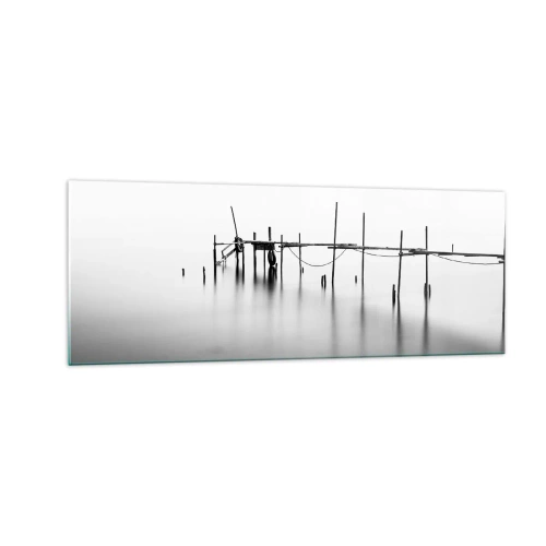 Cuadro sobre vidrio - Impresiones sobre Vidrio - Un embarcadero en blanco y negro inmerso en un paisaje brumoso. - 140x50cm - ¿Y si no hay mundo? - Decoración de pared moderna para salón y dormitorio ARTTOR