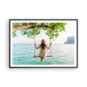 Póster en marco negro - Mujer en un columpio junto al mar en un paisaje tropical - 100x70cm - La vida es bella - Decoración de pared moderna para salón y dormitorio ARTTOR