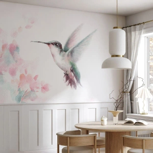 Fotomural Standard Eco - Colibrí de acuarela entre flores pastel - 100x70cm - Plasmando el aleteo - Decoración de pared moderna para salón y dormitorio ARTTOR