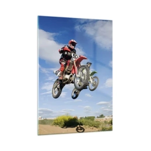 Cuadro sobre vidrio - Impresiones sobre Vidrio - Un motociclista en vuelo contra un cielo azul. - 50x70cm - Salto del cielo - Decoración de pared moderna para salón y dormitorio ARTTOR