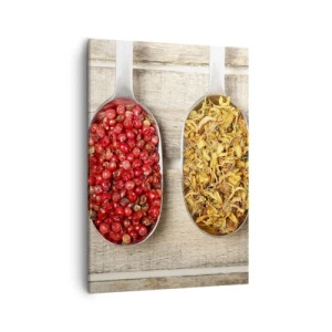 Cuadro sobre lienzo - Impresión de Imagen - Tres cucharas de metal con especias sobre un fondo de madera. - 50x70cm - La magia de la cocina - Decoración de pared moderna para salón y dormitorio ARTTOR