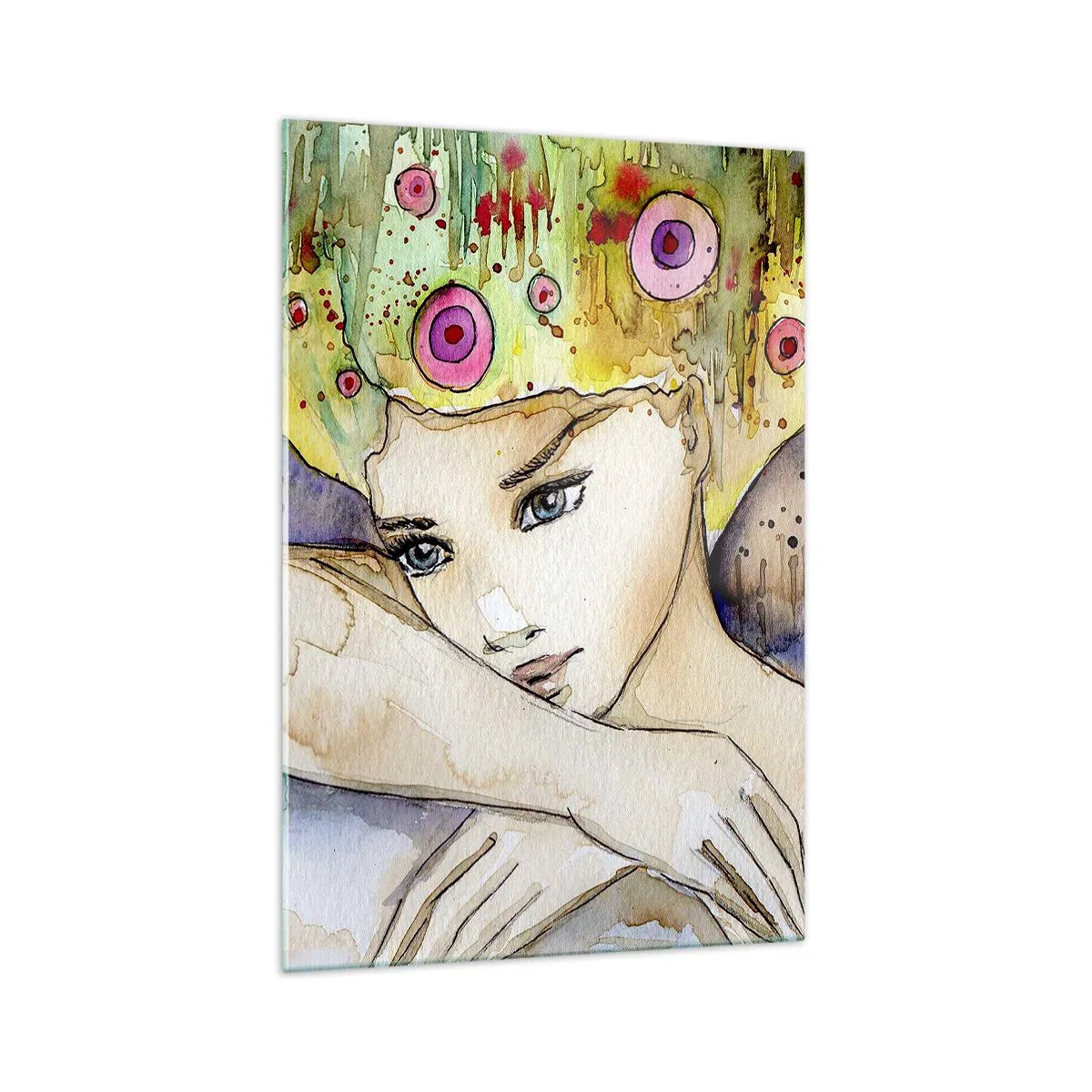 Cuadro sobre vidrio - Impresiones sobre Vidrio - Una mujer con un peinado abstracto y una mariposa rosa. - 70x100cm - Una princesa mariposa - Decoración de pared moderna para salón y dormitorio ARTTOR