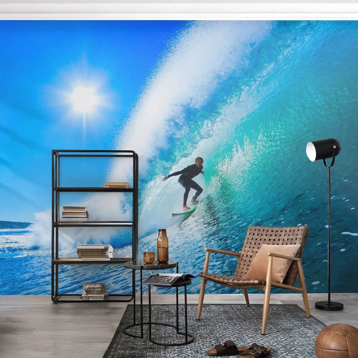 Fotomural Premium Sand - Un surfista montando un túnel de olas en el océano. - 100x70cm - A través de la gran ola - Decoración de pared moderna para salón y dormitorio ARTTOR