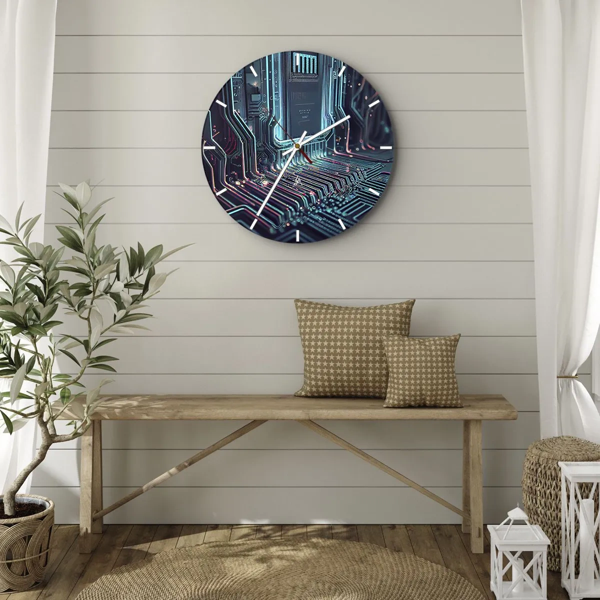 Reloj de pared - Reloj de vidrio - Primer plano de un circuito integrado de estilo futurista y neón. - 30x30cm - Mi forma de pensar - Decoración de pared moderna para salón, cocina y dormitorio ARTTOR