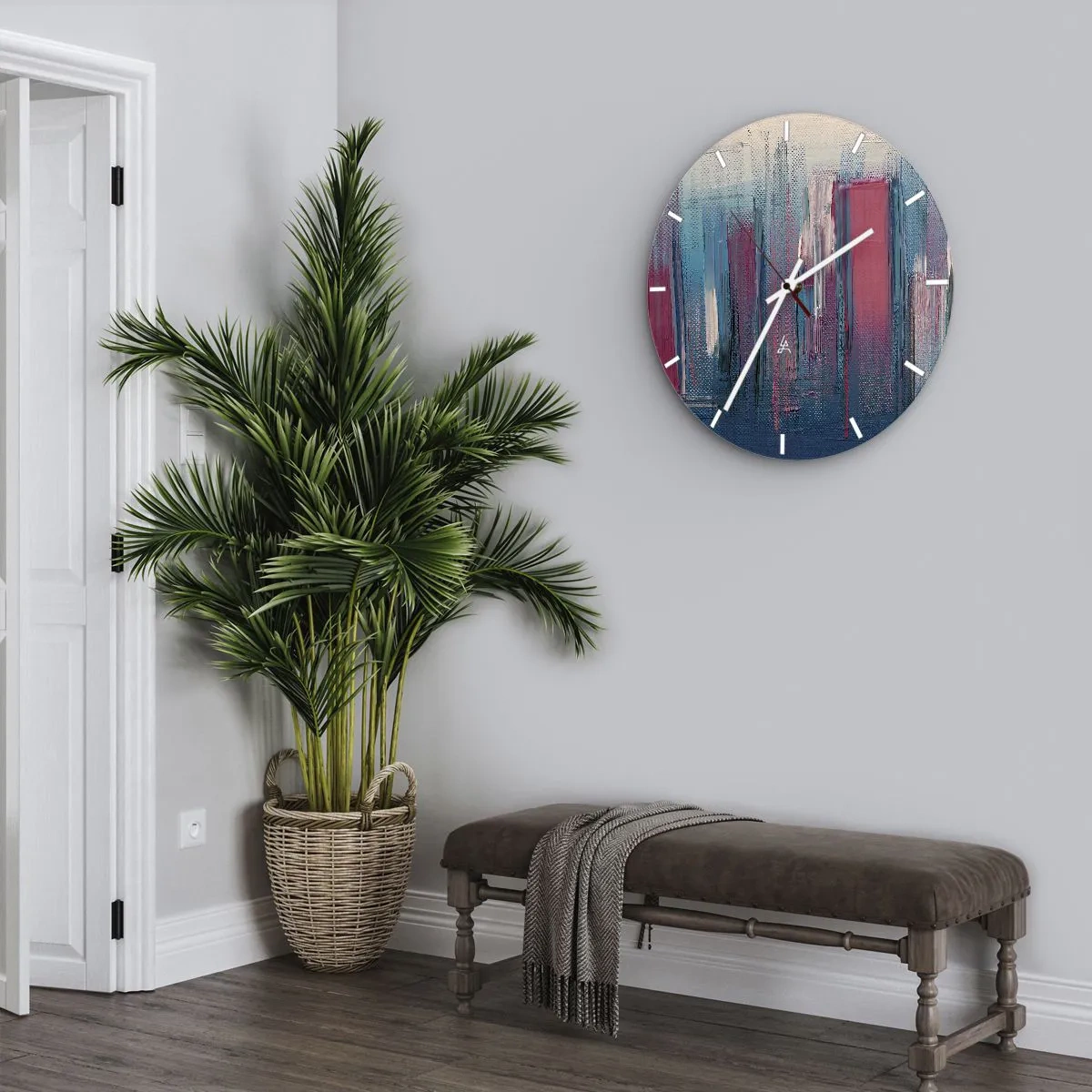 Reloj de pared - Reloj de vidrio - Composición vertical en azul y rojo - 30x30 cm