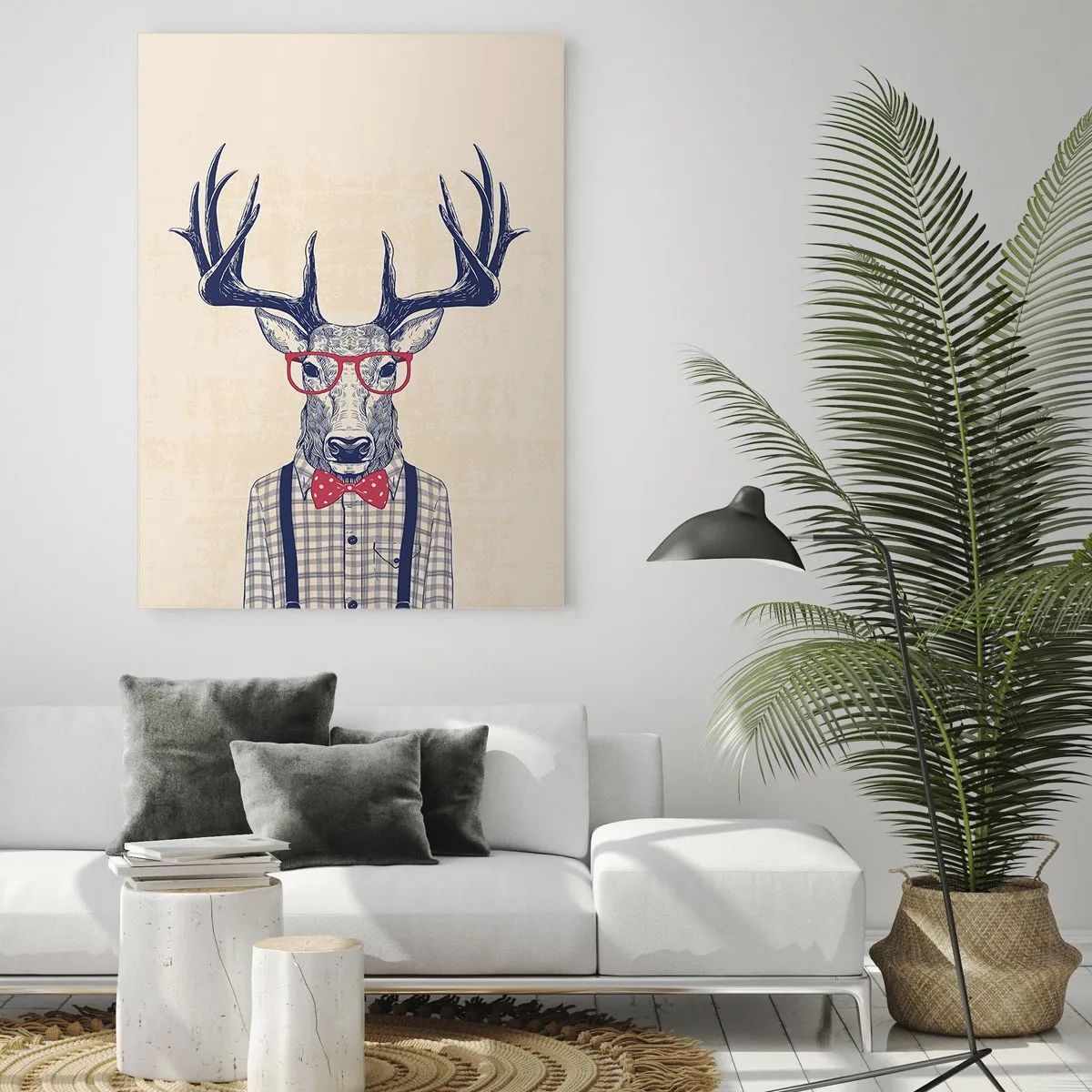 Cuadro sobre vidrio - Impresiones sobre Vidrio - Ilustración de un ciervo con gafas y pajarita. - 50x70cm - Una extravagancia lúdica - Decoración de pared moderna para salón y dormitorio ARTTOR