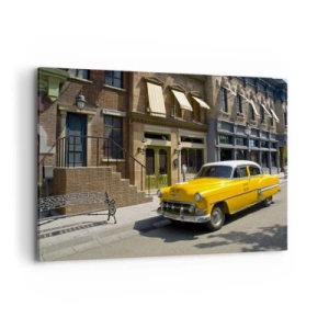 Cuadro sobre lienzo - Impresión de Imagen - Un taxi amarillo en una calle bordeada de casas de vecindad. - 100x70cm - Érase una vez en América - Decoración de pared moderna para salón y dormitorio ARTTOR