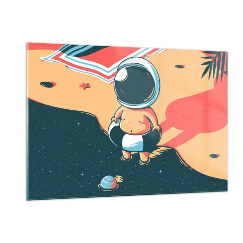 Cuadro sobre vidrio - Impresiones sobre Vidrio - Figura de astronauta en una playa con un paisaje cósmico. - 120x80cm - Desde una perspectiva diferente - Decoración de pared moderna para salón y dormitorio ARTTOR