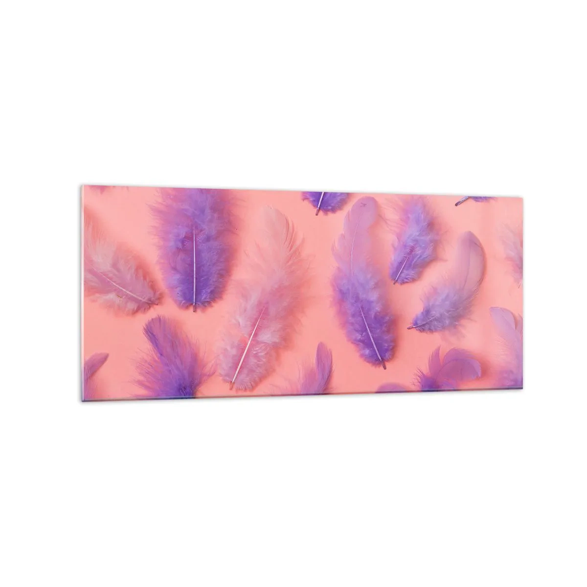 Cuadro sobre vidrio - Impresiones sobre Vidrio - Plumas moradas y rosas sobre un fondo pastel. - 120x50cm - Un pájaro lila del deseo - Decoración de pared moderna para salón y dormitorio ARTTOR