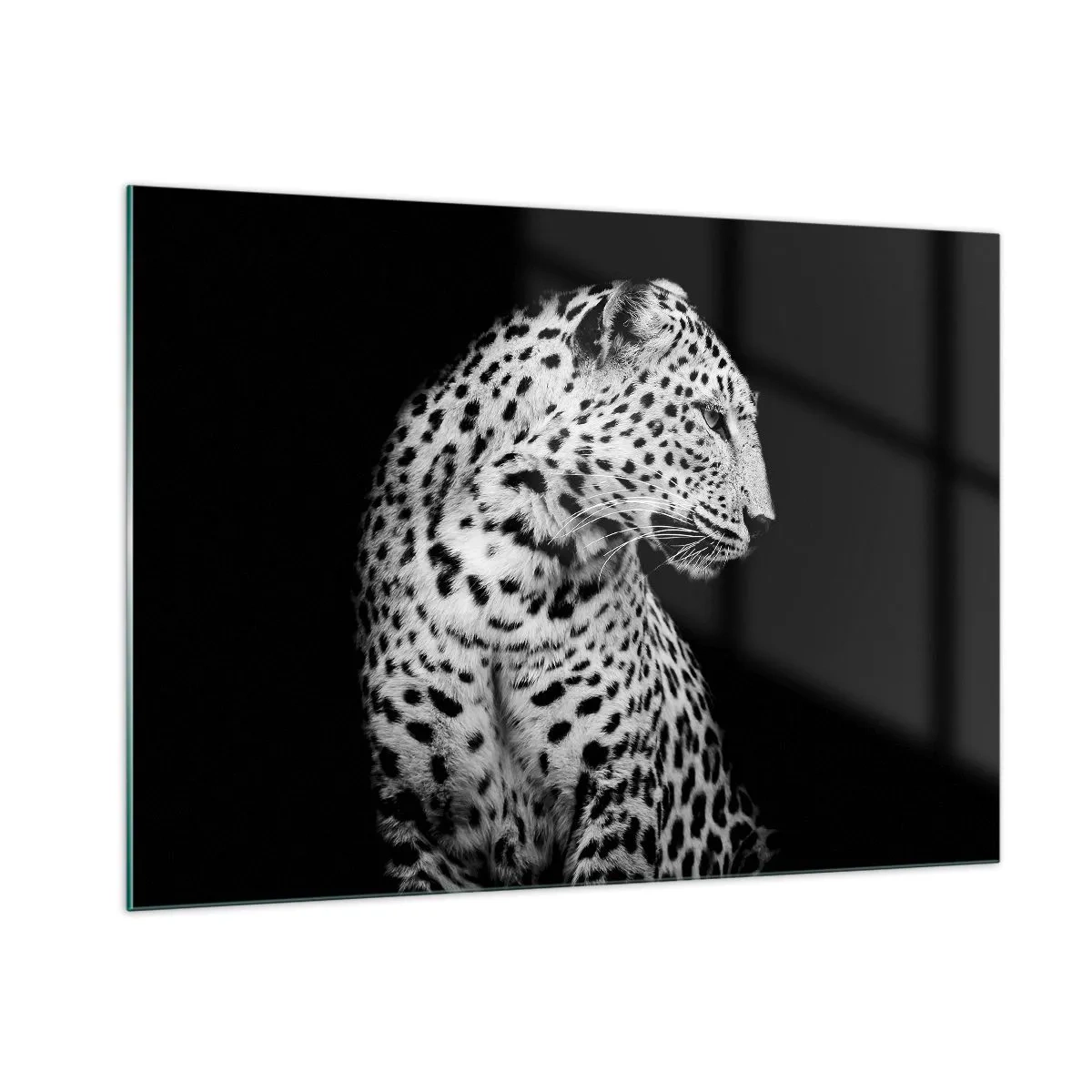 Cuadro sobre vidrio - Impresiones sobre Vidrio - Un leopardo con luz blanca y negra contra una ventana. - 100x70cm - El perfil derecho es perfecto - Decoración de pared moderna para salón y dormitorio ARTTOR