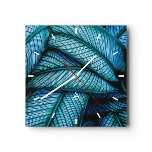 Reloj de pared - Reloj de vidrio - Una toma de primer plano de hojas turquesas con vívidos detalles. - 30x30cm - Líneas de vida - Decoración de pared moderna para salón y dormitorio ARTTOR
