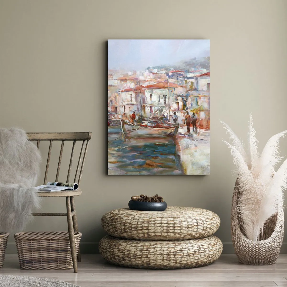 Cuadro sobre lienzo - Impresión de Imagen - Impresión portuaria con barcos y edificios - 50x70cm - Vacaciones en colores pastel - Decoración de pared moderna para salón y dormitorio ARTTOR