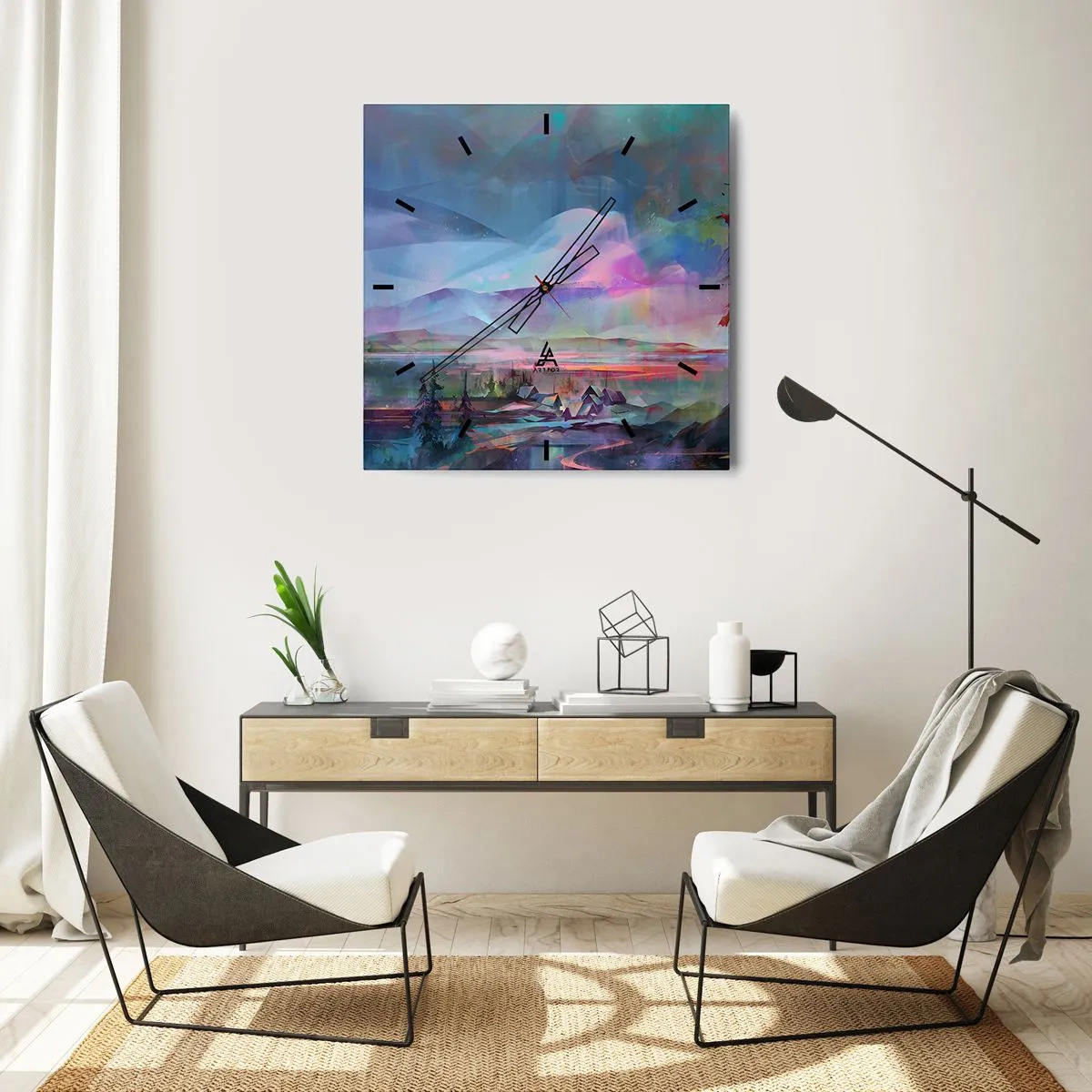 Reloj de pared - Reloj de vidrio - Paisaje de montaña con un cielo colorido y un pueblo. - 30x30cm - Bajo un cielo benévolo - Decoración de pared moderna para salón y dormitorio ARTTOR