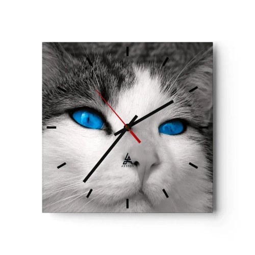 Reloj de pared - Reloj de vidrio - Retrato de un gato con ojos azules en estilo blanco y negro. - 30x30cm - Inusual de ojos azules - Decoración de pared moderna para salón y dormitorio ARTTOR