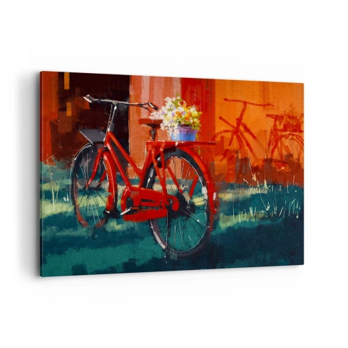 Cuadro sobre lienzo - Impresión de Imagen - Una bicicleta roja con flores contra una pared naranja. - 100x70cm - Quiero ir en bicicleta - Decoración de pared moderna para salón y dormitorio ARTTOR