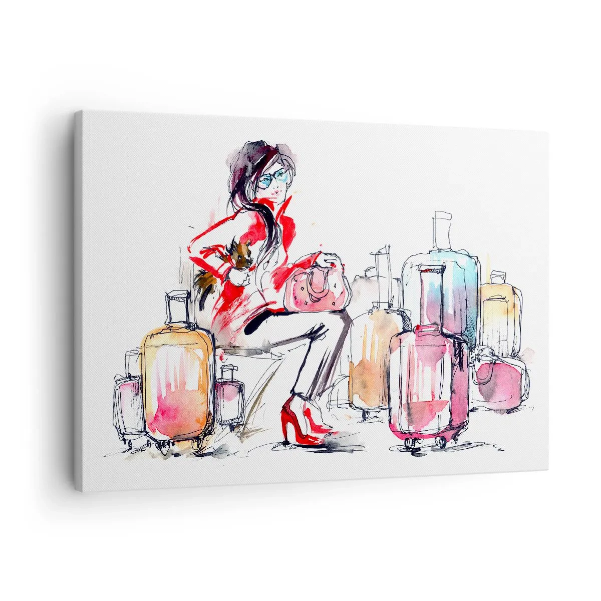 Cuadro sobre lienzo - Impresión de Imagen - Una mujer con maletas en una dinámica ilustración de acuarela. - 70x50cm - Sentémonos antes del viaje - Decoración de pared moderna para salón y dormitorio ARTTOR