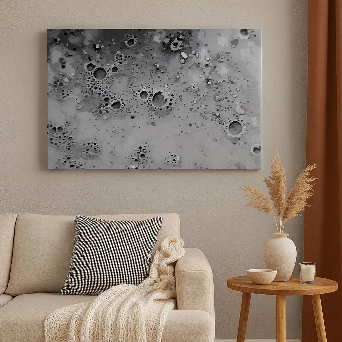 Cuadro sobre lienzo - Impresión de Imagen - Patrón abstracto de burbujas en blanco y negro - 70x50cm - Como un paisaje lunar - Decoración de pared moderna para salón y dormitorio ARTTOR