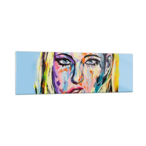 Cuadro sobre vidrio - Impresiones sobre Vidrio - Retrato colorido de una mujer en estilo abstracto. - 160x50cm - Mírala a los ojos - Decoración de pared moderna para salón y dormitorio ARTTOR