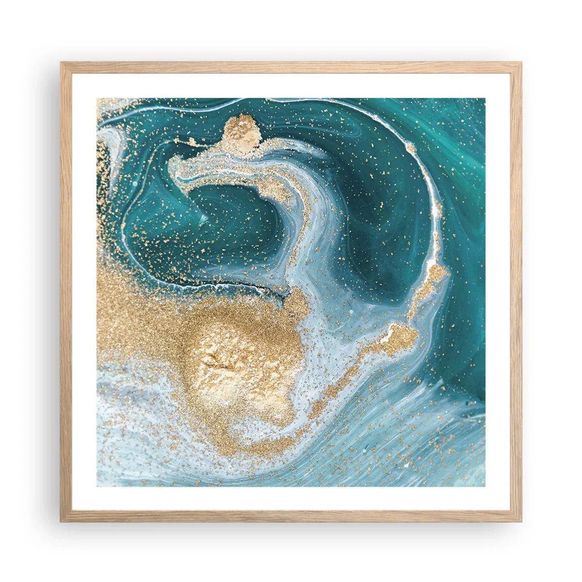 Póster en marco roble claro - Un remolino de oro y turquesa - 60x60 cm