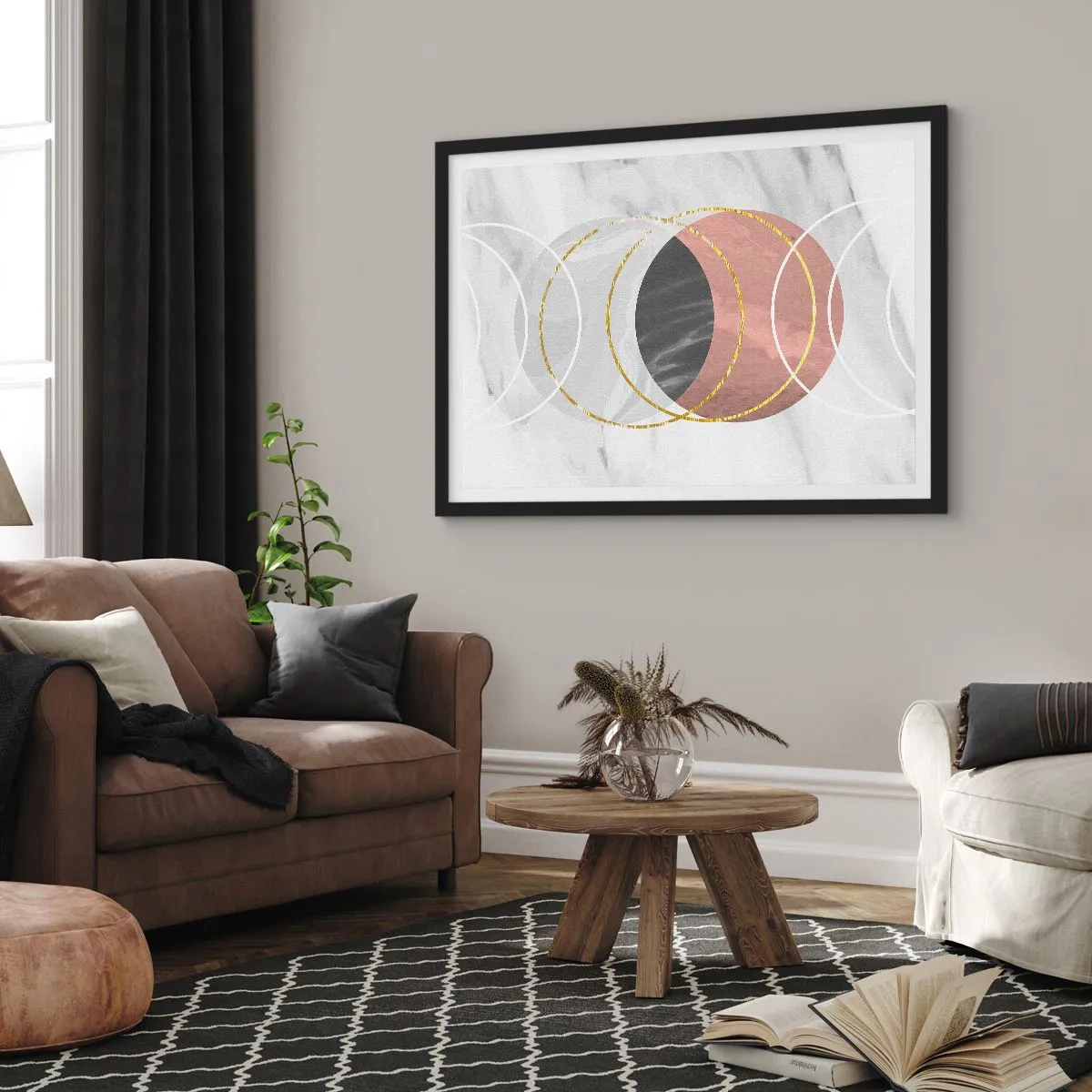 Póster en marco negro - Composición geométrica abstracta con círculos y detalles metálicos. - 100x70cm - Música de las esferas - Decoración de pared moderna para salón y dormitorio ARTTOR