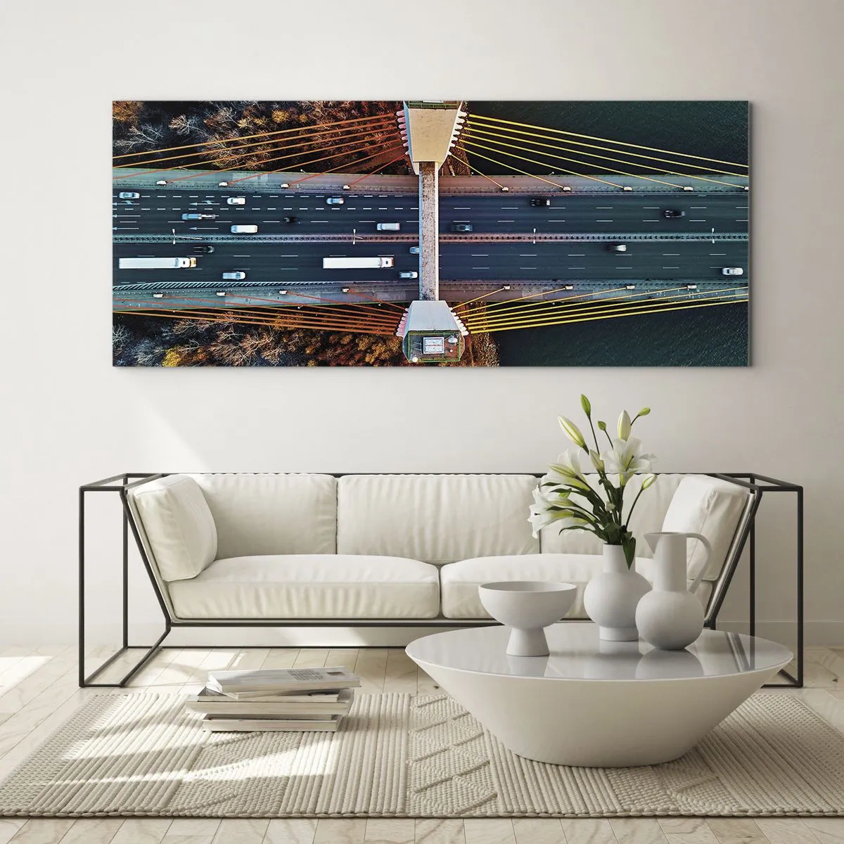 Cuadro sobre vidrio - Impresiones sobre Vidrio - Vista aérea del puente sobre el río y el paisaje otoñal. - 120x50cm - Más allá de las aguas, más allá de los bosques - Decoración de pared moderna para salón y dormitorio ARTTOR