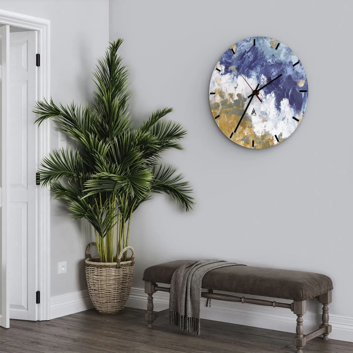 Reloj de pared - Reloj de vidrio - Abstracción expresiva en tonos azules, blancos y ocres. - 30x30cm - Danza de los elementos - Decoración de pared moderna para salón, cocina y dormitorio ARTTOR