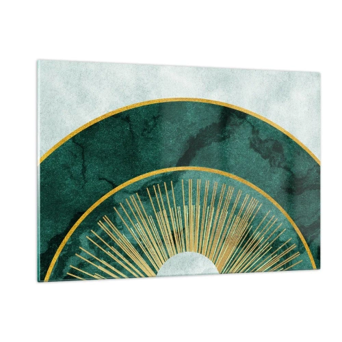 Cuadro sobre vidrio - Impresiones sobre Vidrio - Rayos dorados sobre un fondo de semicírculos verdes con estructura de mármol. - 120x80cm - Un sistema solar diferente - Decoración de pared moderna para salón y dormitorio ARTTOR