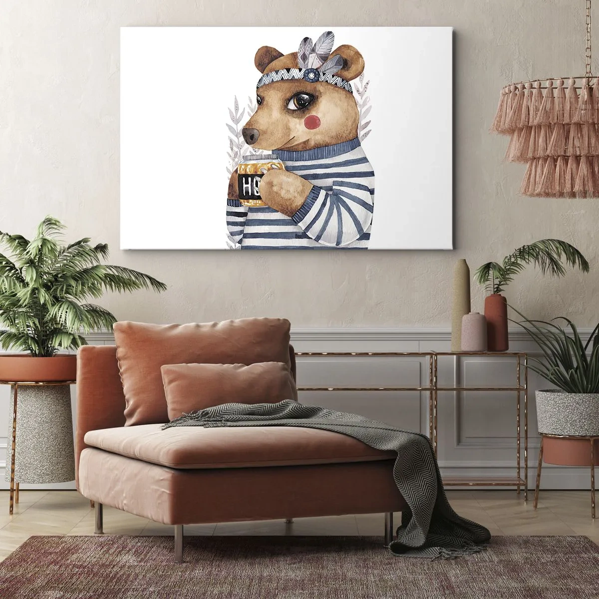 Cuadro sobre lienzo - Impresión de Imagen - Un osito de peluche con un suéter de rayas y una taza de miel. - 70x50cm - Dulce oso - Decoración de pared moderna para salón y dormitorio ARTTOR
