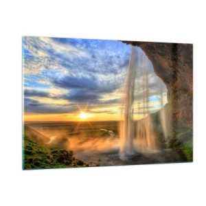 Cuadro sobre vidrio - Impresiones sobre Vidrio - Cascada con vista al atardecer y al valle. - 120x80cm - El mundo tras el velo de las gotas - Decoración de pared moderna para salón y dormitorio ARTTOR
