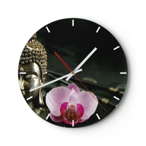 Reloj de pared - Reloj de vidrio - Figura de Buda con una orquídea en estilo oriental. - 30x30cm - La armonía de la sabiduría y la belleza - Decoración de pared moderna para salón, cocina y dormitorio ARTTOR