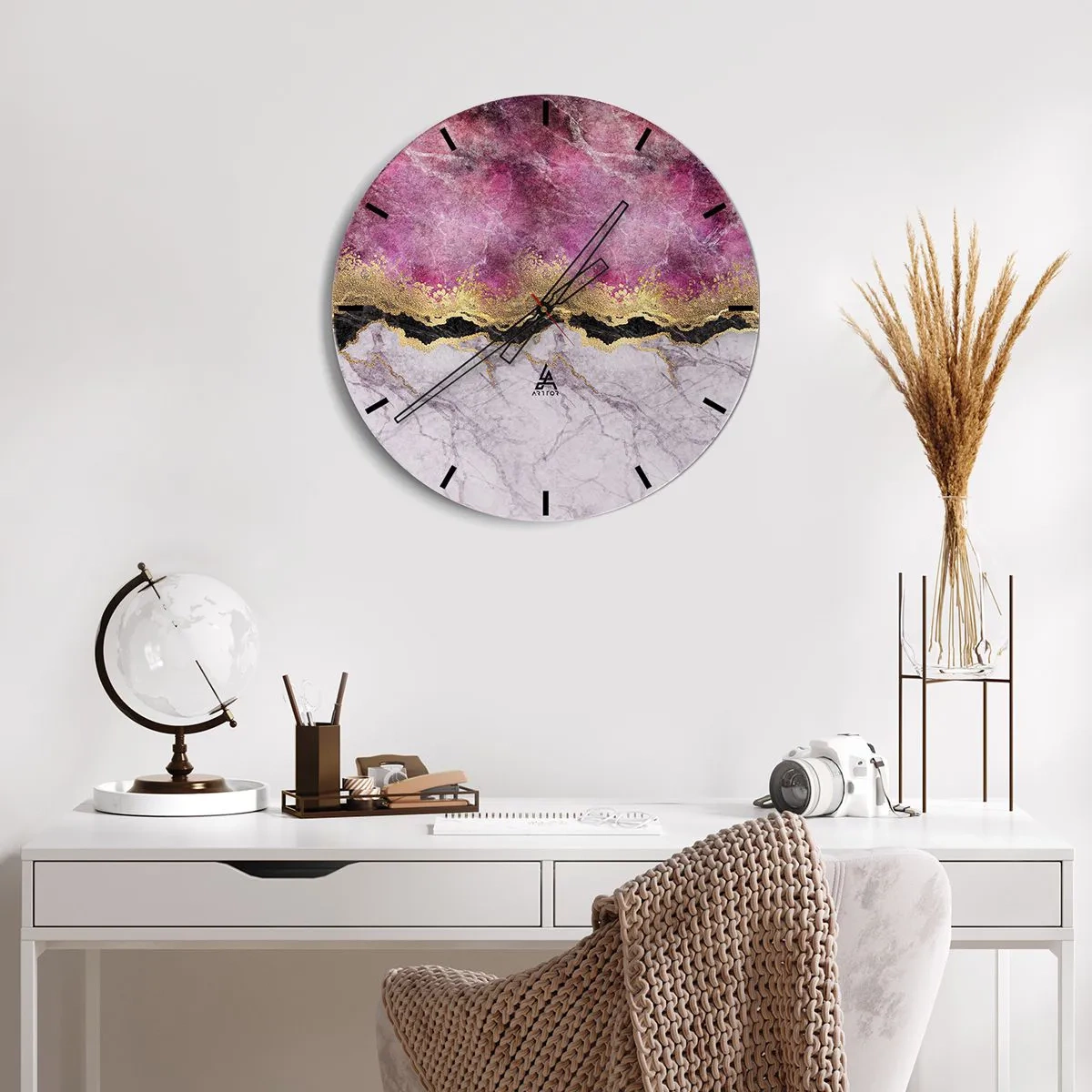 Reloj de pared - Reloj de vidrio - Bailarina saltando con tela rosa fluyendo - 30x30cm - En la frontera - Decoración de pared moderna para salón, cocina y dormitorio ARTTOR