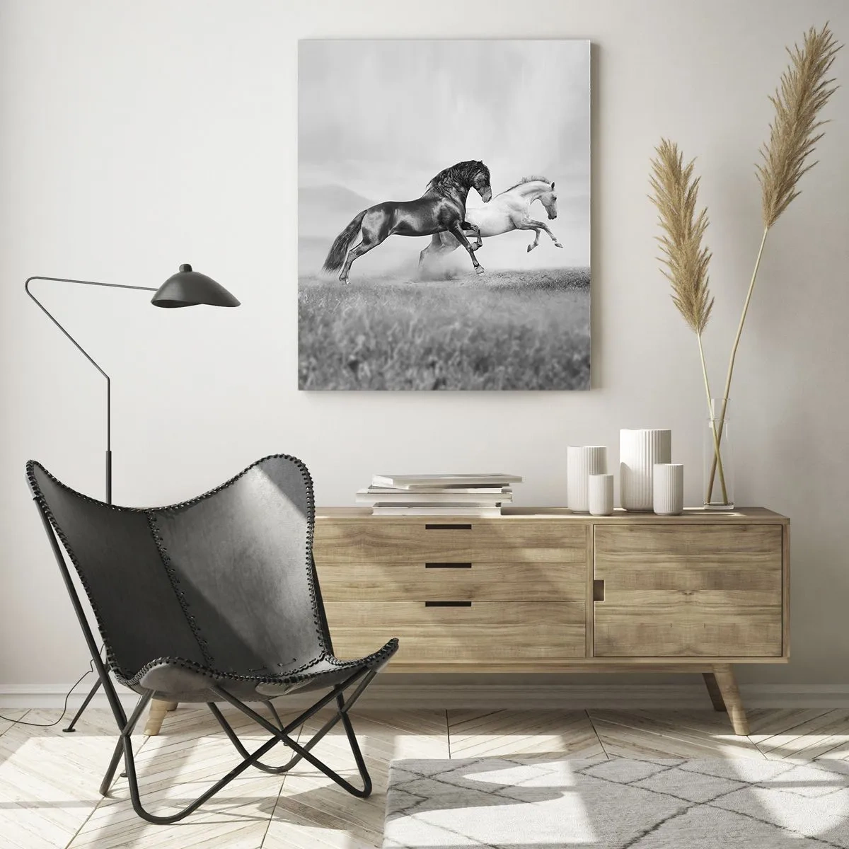 Cuadro sobre vidrio - Impresiones sobre Vidrio - Dos caballos al galope en una composición dinámica en blanco y negro - 80x120cm - Ángeles y demonios - Decoración de pared moderna para salón y dormitorio ARTTOR