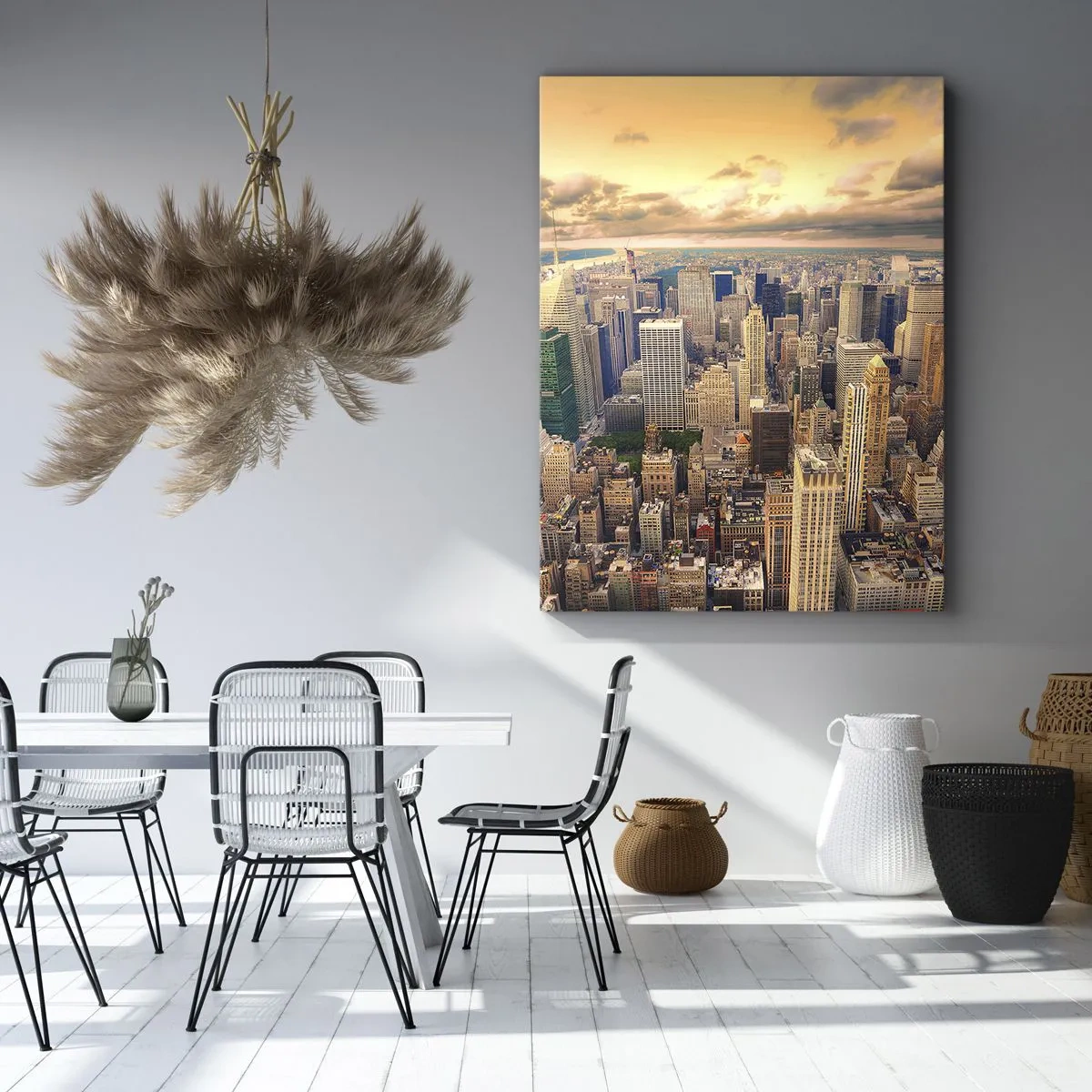 Cuadro sobre lienzo - Impresión de Imagen - Panorama de la ciudad con vistas a los rascacielos al atardecer - 80x120cm - Metrópolis dorada - Decoración de pared moderna para salón y dormitorio ARTTOR