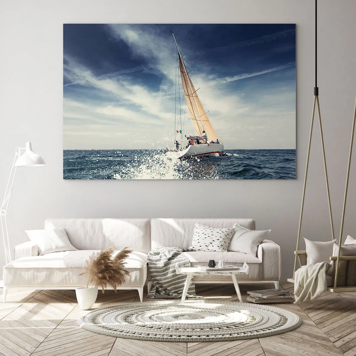 Cuadro sobre vidrio - Impresiones sobre Vidrio - Un yate navegando en un mar tempestuoso bajo un cielo azul. - 120x80cm - ¡No nos alcanzarán! - Decoración de pared moderna para salón y dormitorio ARTTOR